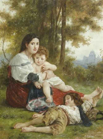 Pittore del XX secolo "Famigliola nel bosco" cm. 40x30 - olio su tavola