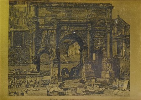 Serigrafia su oro raffigurante l'Arco di Settimio Severo a Roma, cm. 9x12.