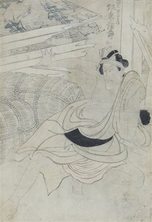 Antica stampa giapponese raffigurante personaggio, cm. 35x25.