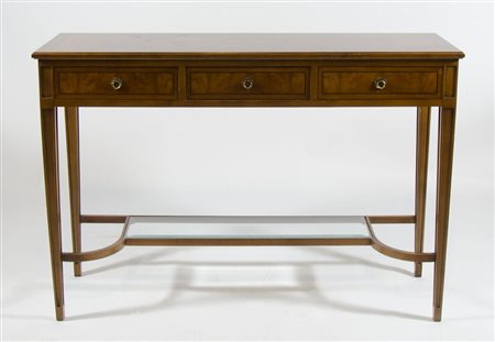 Consolle in legno a 3 cassetti unita da crociera con ripiano in vetro. cm....