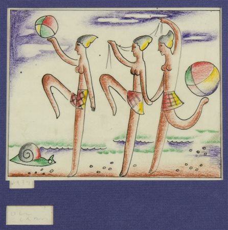 Ugo Carà 1908-2005 "Danzatrici con la palla" cm. 25x25 - tecnica mista su...