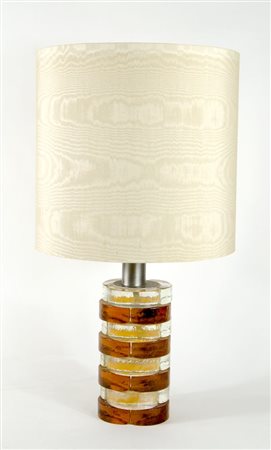 Lampada da tavolo circolare in vetro a 2 colori, paralume in stoffa. H. tot...