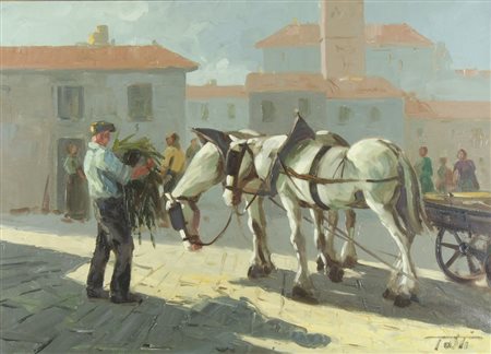 Riccardo Tosti Trieste 1910-1986 "Lipizzani in Piazza" cm. 50x70 - olio su...