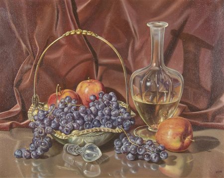 Livio Mozina Trieste 1941 "Natura morta con uva e mele" cm. 35x45 - olio su...