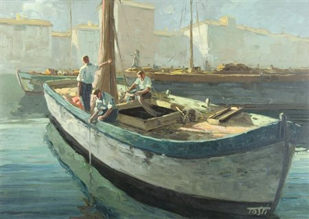 Riccardo Tosti Trieste 1910-1986 "Pescatori in Sacchetta" cm. 50x70 - olio su...