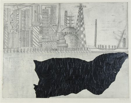 Tullio Clamar Trieste 1941 "Fabbriche" cm. 67x82 - incisione e tecnica mista...