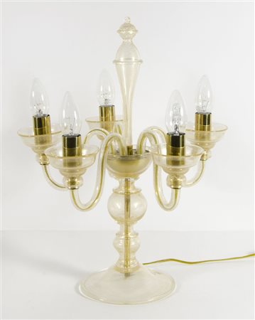 Candelabro in vetro trasparente e oro a 5 luci. Seguso vetri d'arte?. H. cm. 48.