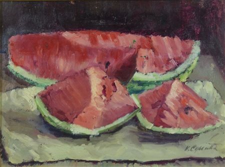 Vittorio Cossutta 1903-1992 "Angurie sul tavolo" cm. 28x38 - olio Firmato b....