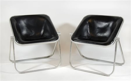 Castelli: lotto di 6 poltrone in alluminio lucidato e skai nero modello...