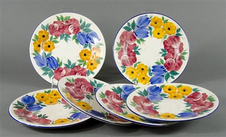 Galvani: lotto di 6 piatti vari in ceramica policroma. Marcati.