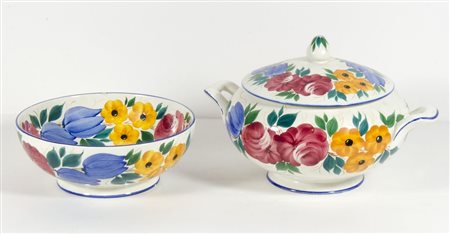 Galvani: lotto in ceramica policroma composto da ciotola e zuppiera con...