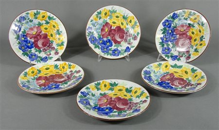 Galvani: lotto di 6 piatti in ceramica policroma. Marcati. Diam. cm. 15....