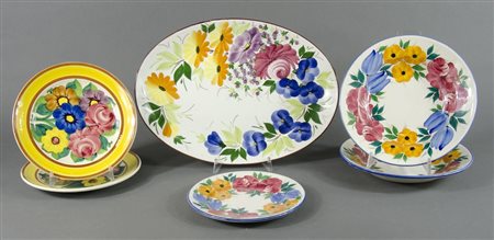 Galvani: lotto di 6 piatti in ceramica policroma. Marcati. Diam. cm. 21.