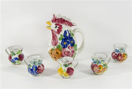 Galvani: lotto di 6 brocche in ceramica policroma, misure diverse. Marcate.