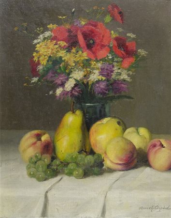 Romek Arpad 1883-1960 "Natura morta con frutta e fiori" cm. 50x40 - olio su...