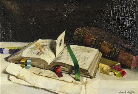 Romek Arpad 1883-1960 "Libri sul tavolo" cm. 36x50 - olio su tela Firmato b....
