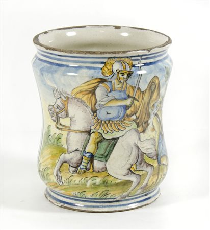 Albarello in maiolica decorato a policromia raffigurante San Martino....