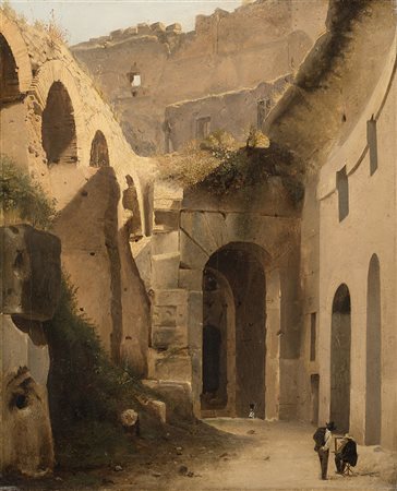 Maestro del XIX Secolo"Veduta con reperti archeologici e pittore"olio su tela...