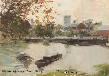 Paolo Sala (Milano 1859 - 1924)"Paesaggio con laghetto e barche" 1911olio su...