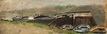 Carlo Pittara (Torino 1836 - Rivara 1891)"Barconi all'ormeggio"olio su tavola...