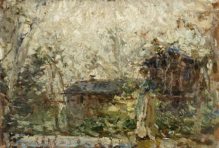Leonardo Bazzaro (Milano 1853 - 1937)"Pastorella con cascina sullo sfondo"...