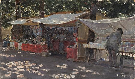 Raffaele Tafuri (Salerno 1857 - Venezia 1929)"Il mercato"olio su cartone (cm...