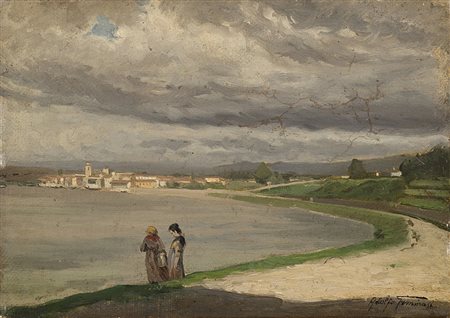 Adolfo Tommasi (Livorno 1851 - Firenze 1933)"Marina"olio su carta applicata a...