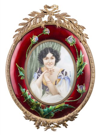 Firma indecifrata, XX Secolo"Ritratto di gentildonna in abito bianco" olio su...