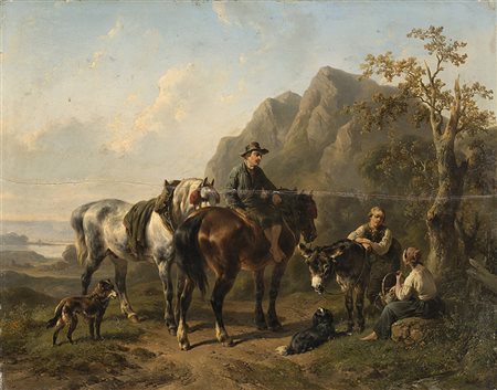 Wouterus Verschuur (Amsterdam 1812 - Vorden 1874)"La sosta" olio su tavola...