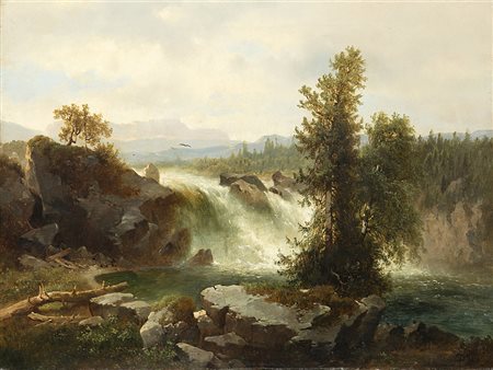 Firma Indecifrata"Paesaggio con cascata"olio su tela (cm 56x74)Firmato e...