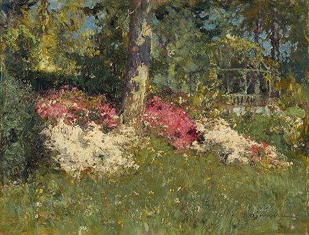 Lidio Ajmone (Coggiola 1884 - Andezeno 1945)"Azalee in fiore, Baveno" olio su...