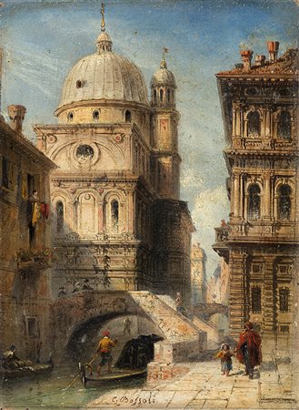 Scuola del XIX Secolo"Venezia. Scorcio con canale e figure"olio su cartone...
