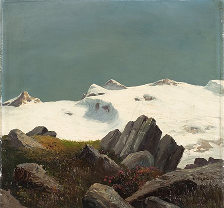 Leonardo Roda (Racconigi 1868 - Torino 1933)"Cime innevate"olio su cartone...