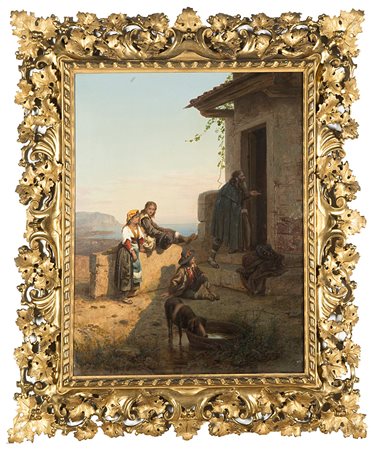 Pompeo Pozzi (Milano 1817 - 1888)"Pellegrini in sosta con veduta di Palermo...