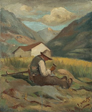 Italo Mus (Chatillon 1892 - St. Vincent 1967)"Pastore al lavoro"olio su tela...