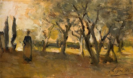 Silvestro Lega (Modigliana 1826 - Firenze 1895)"Donna tra gli ulivi" 1888olio...