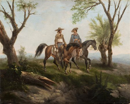 Manuel Serrano (Messico 1814 - 1883)"Figure a cavallo"olio su tela (cm...
