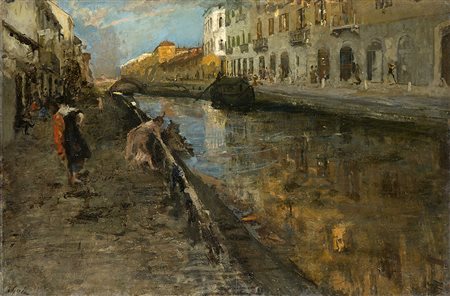 Emilio Gola (Milano 1851 - 1923)"Passeggiando lungo il Naviglio Grande....