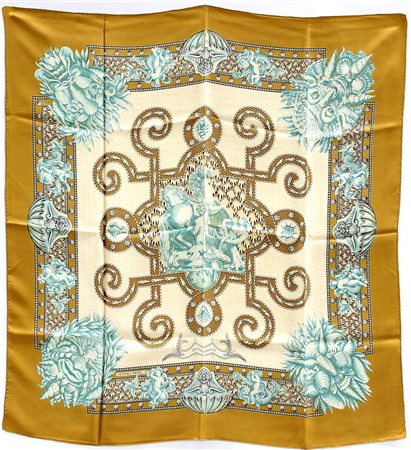 HERMÈS Foulard in seta "Grotte de Versailles", Maurice Tranchant 1969, verde...
