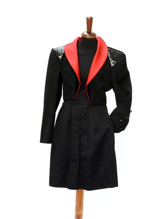 SAINT LAURENT RIVE GAUCHE Bolero con gonna in lana e raso nero come les...