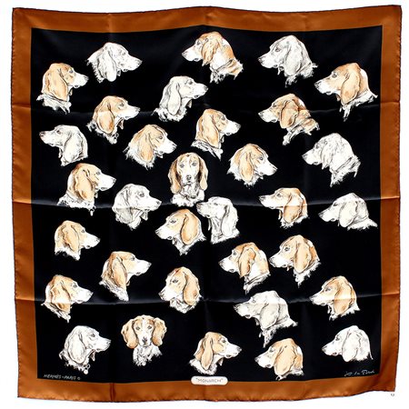 HERMÈS Foulard in seta "Monarch", Xavier de Poret, 1974, fondo nero, bordo...