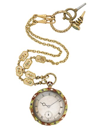 MANIGLIER GENEVE Orologio da tasca da donna in oro 18K decorato con smalti,...