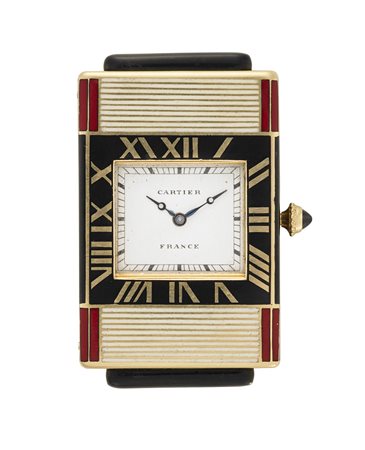 CARTIER Orologio da borsetta in oro 18K e smaltiAnni '30/'40Quadrante,...