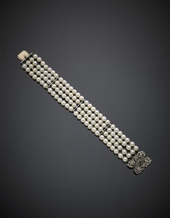 Bracciale a quattro fili di perle coltivate bianco crema con distanziatori in...
