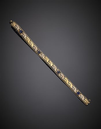 Bracciale modulare stampato in oro giallo e bianco con zaffiri sintetici, g...