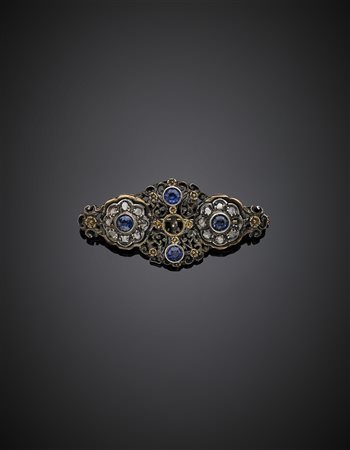 Spilla in oro giallo, argento, con zaffiri sintetici e diamanti flat...