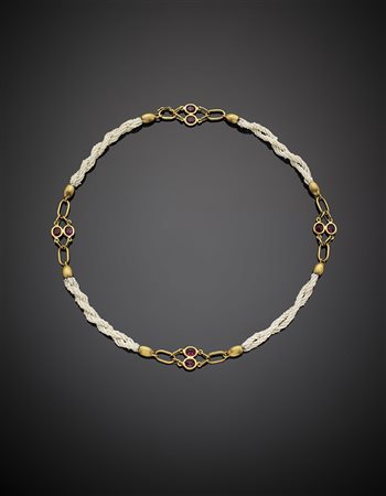 *Collana in oro giallo, torchon di micro perle e rubini, g 17,75, lungh. cm...