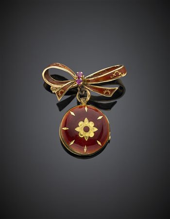 Spilla a fiocco in oro giallo come l'orologio da tasca pendente e rifinito...