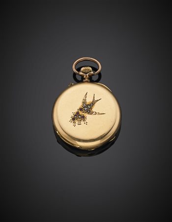 Orologio da tasca in oro giallo con uccellino in diamanti a mezza rosetta g...