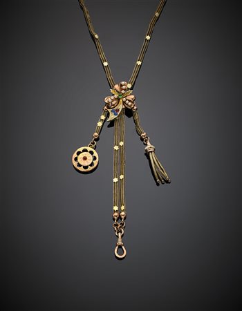 Saliscendi in oro giallo e rosso 333/1000, rifinito con piccole perle e paste...